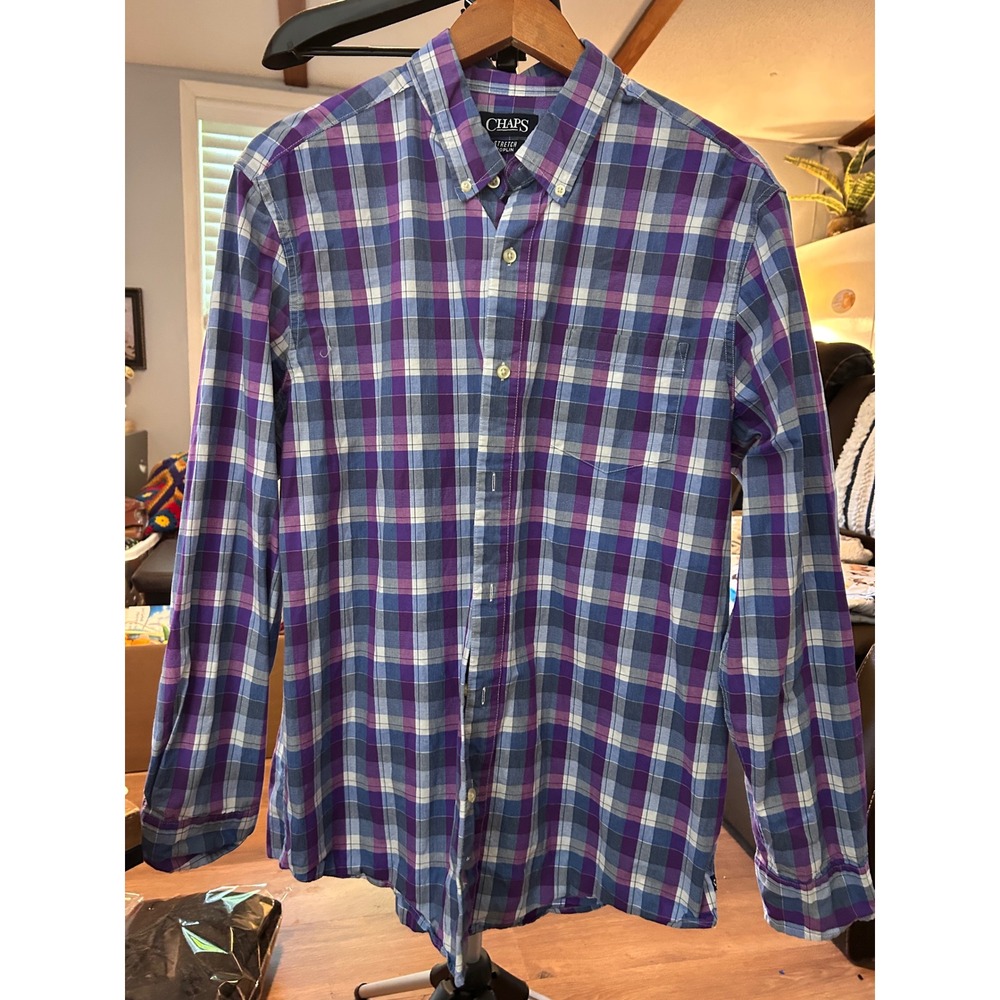 Chaps Men's Purple Blue Plaid Stretch Poplin Button‎ Down Long Sleeve Shirt